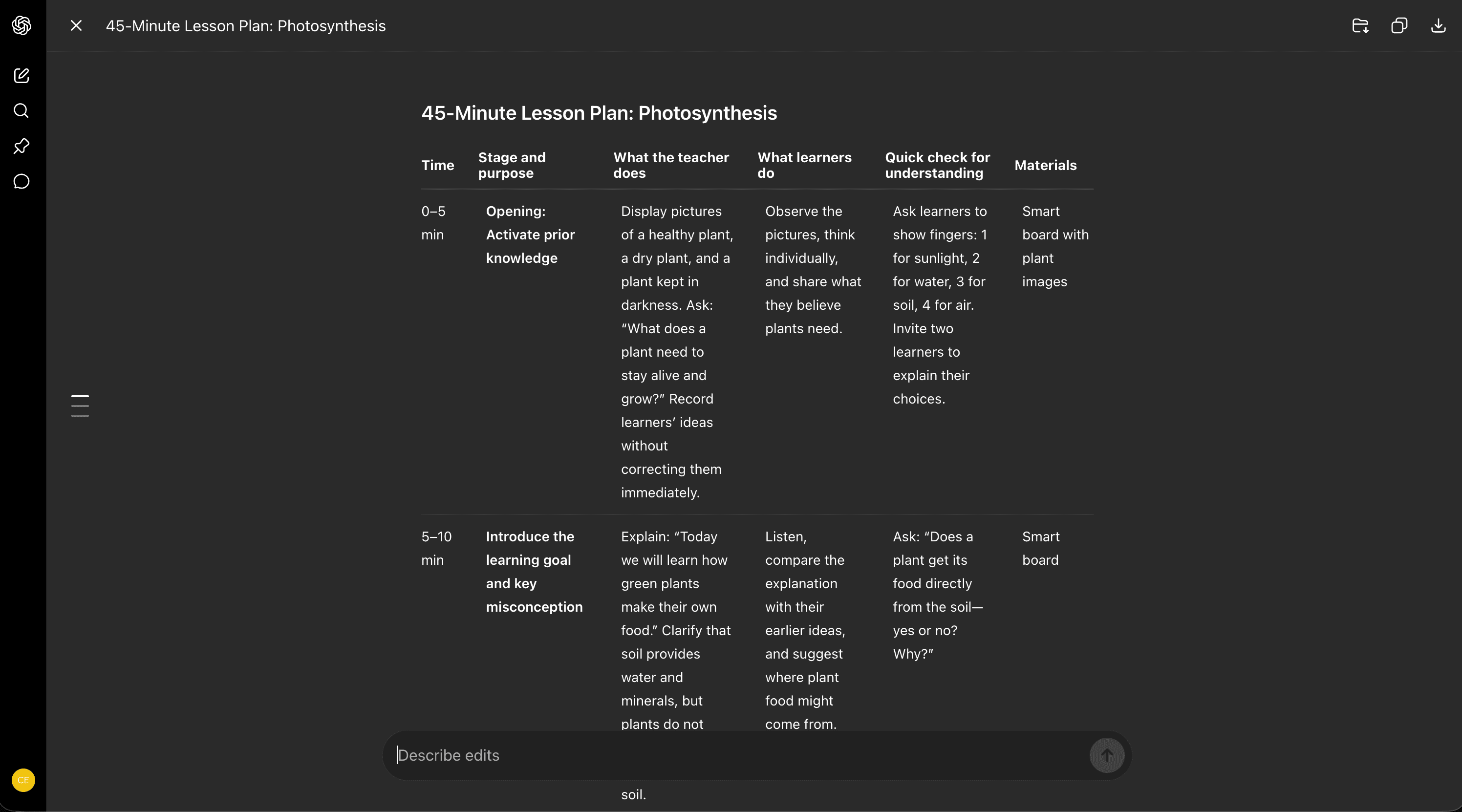 ChatGPT Canvas showing a timed 45-minute photosynthesis lesson plan in a table