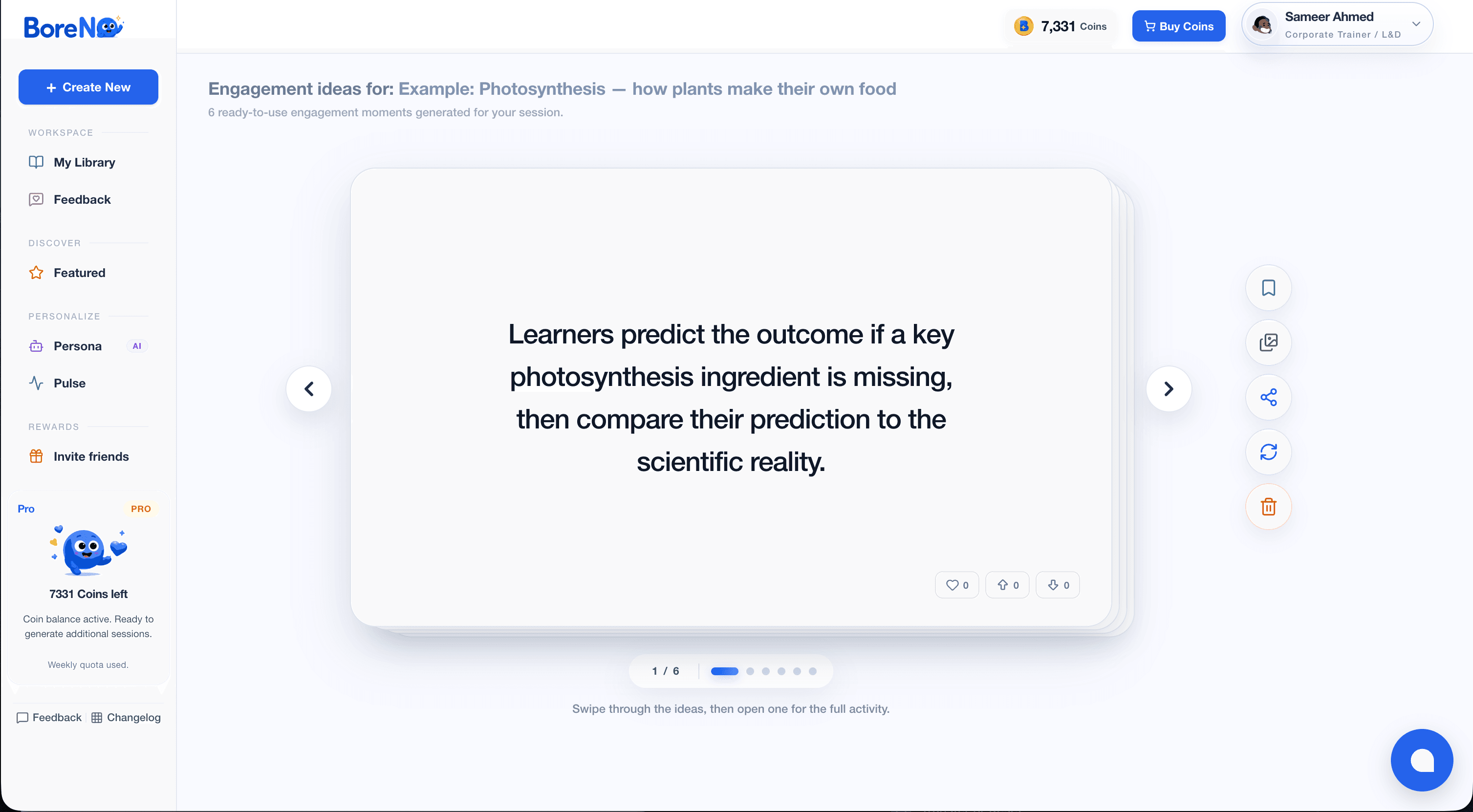BoreNO showing a set of curated engagement ideas for a photosynthesis lesson