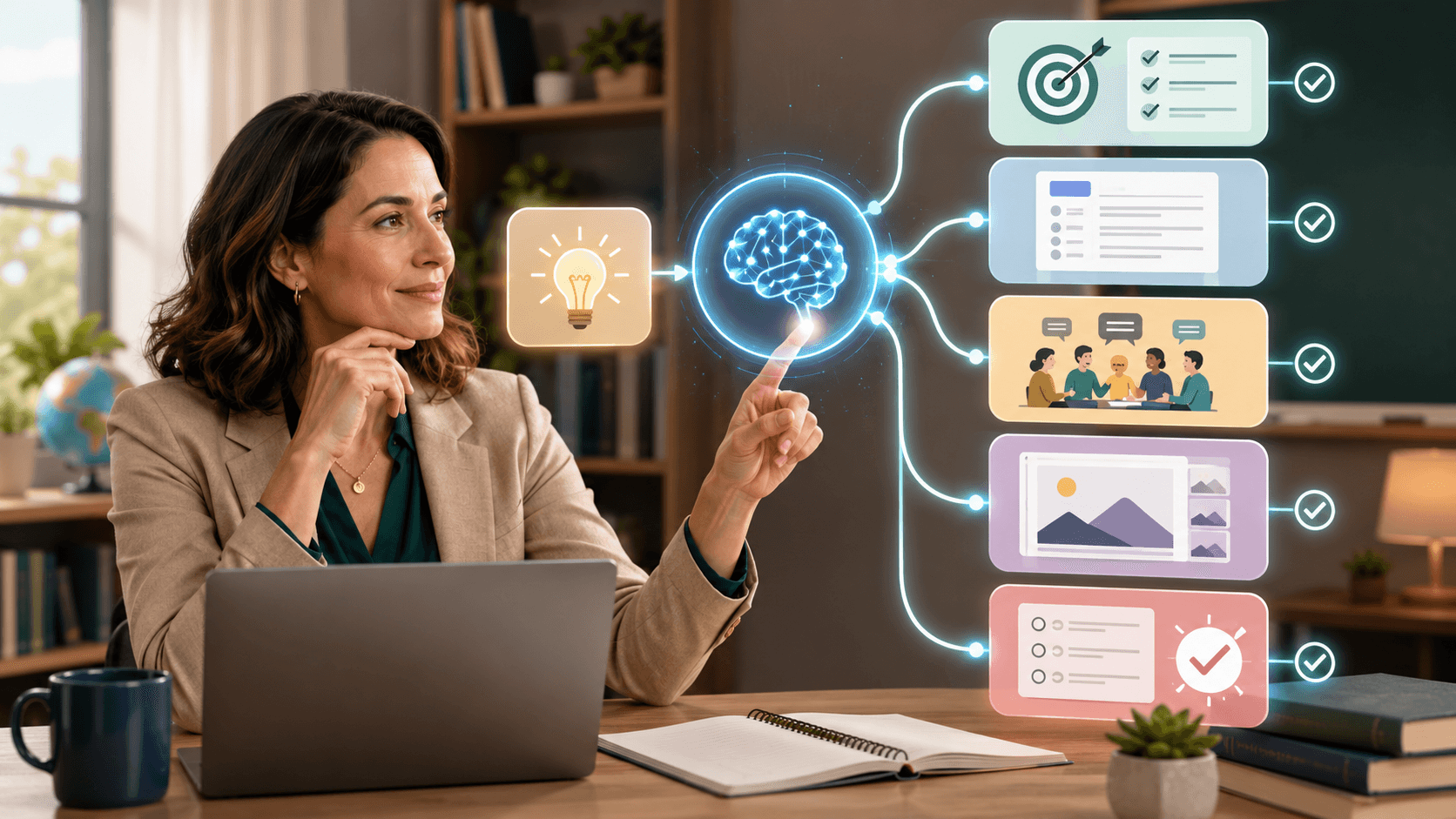 Teacher using an AI assistant to create objectives, lesson materials, engagement activities, presentation visuals, and assessments