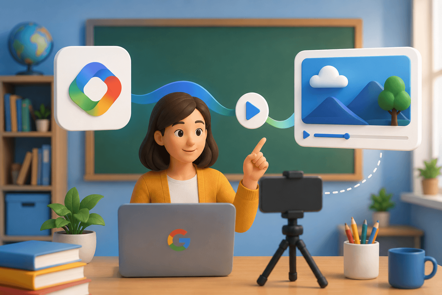 Teacher creating an educational video with Google AI tools in a classroom