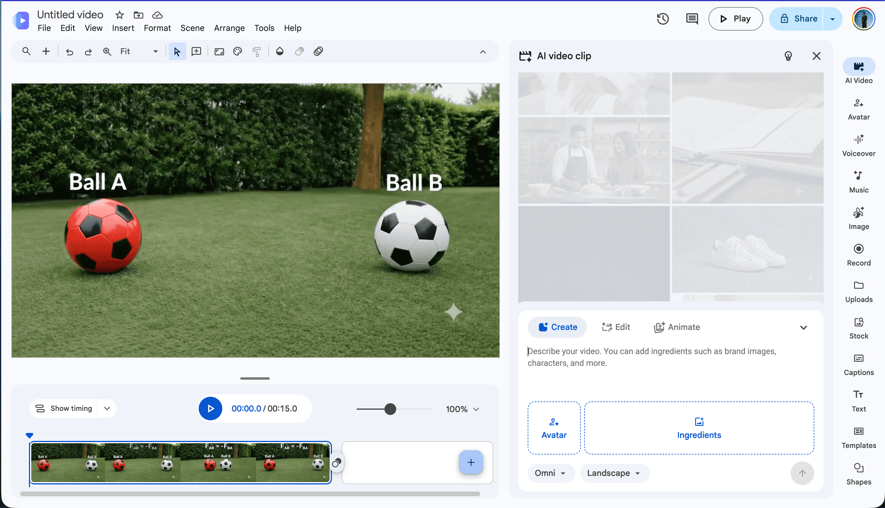 Google Vids editor showing Ball A and Ball B on a football field beside the AI video clip Ingredients panel