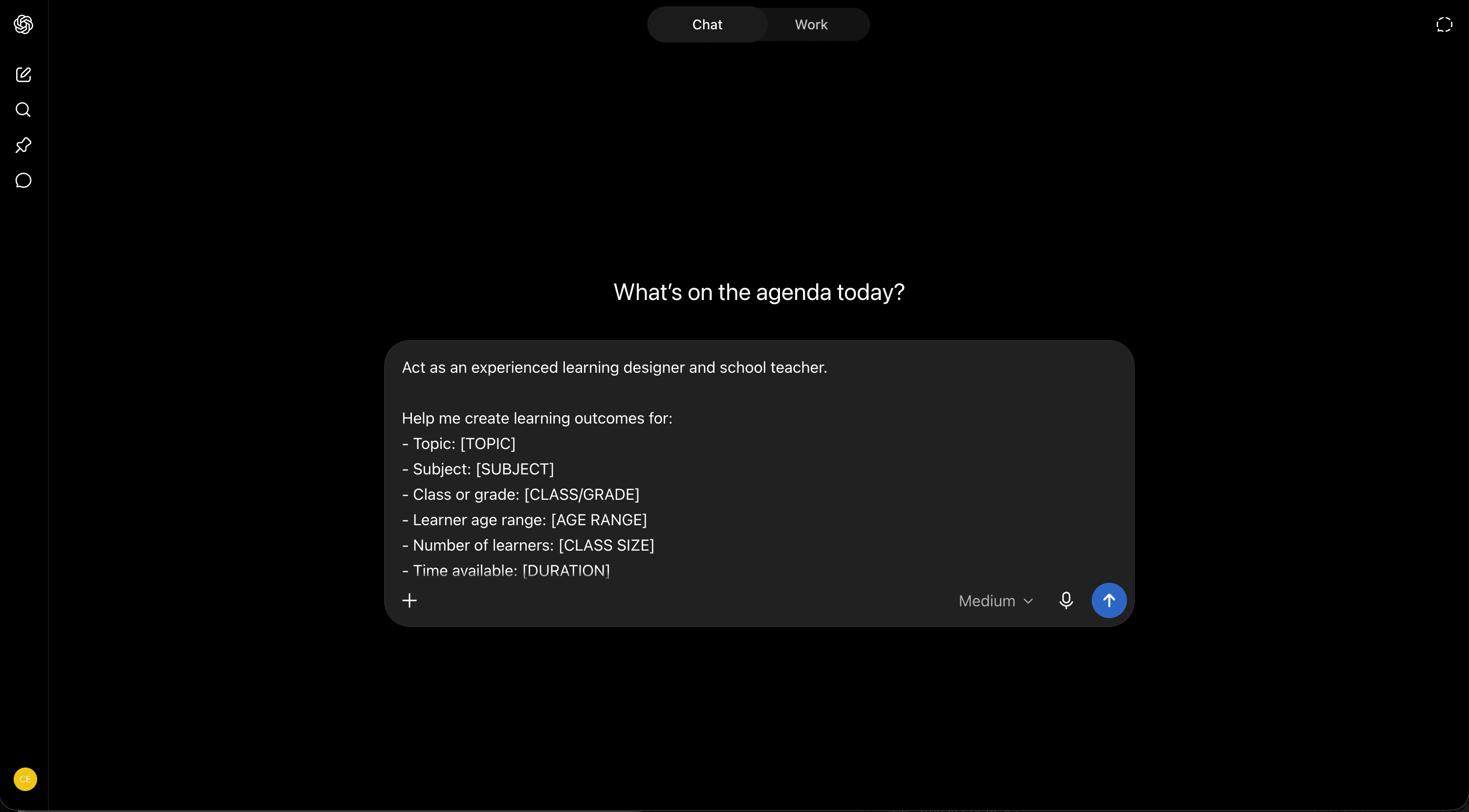 Learning outcomes prompt entered in the ChatGPT message composer